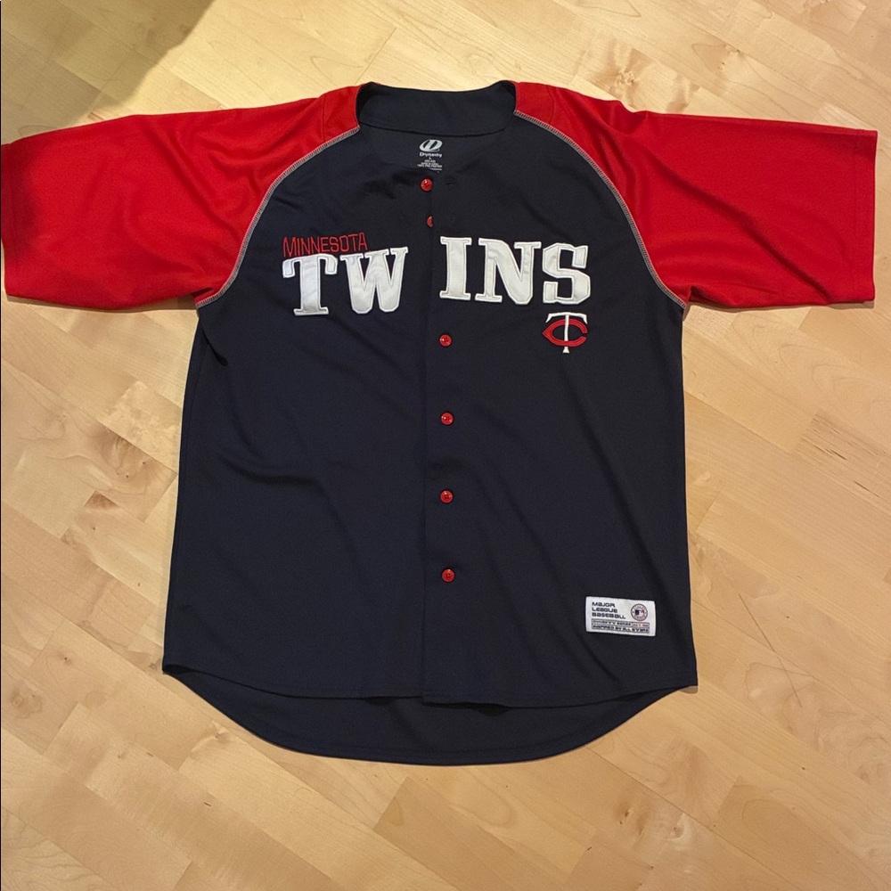 TWINS BASEBALL JERSEY SIZE MENS LARGE BLUE RED BUTTON DOWN OPEN FRONT SHIRT